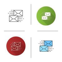 Mailing icon. Correspondence. Flying envelopes. Messenger. Email. Flat design, linear and color styles. Isolated vector illustrations