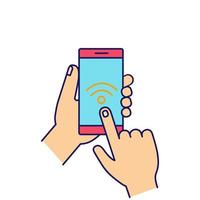 Hands holding NFC smartphone color icon. NFC phone. Near field communication. Mobile phone contactless payment. Wifi connection. Isolated vector illustration