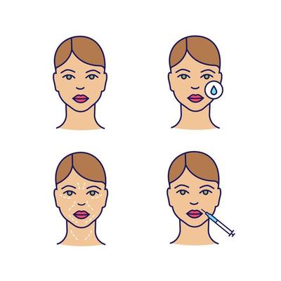 Neurotoxin injection color icons set. Woman face, makeup removal, mimic wrinkles, lips injection. Isolated vector illustrations