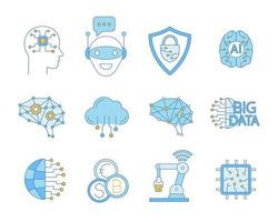 Artificial intelligence color icons set. AI. Internet of things. Digital network. Neurotechnology. Isolated vector illustrations