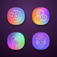 Artificial intelligence app icons set. UI UX user interface. Big data, currency exchange, robot, chat bot. Web or mobile applications. Vector isolated illustrations