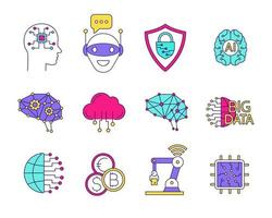 Artificial intelligence color icons set. AI. Internet of things. Digital network. Neurotechnology. Isolated vector illustrations