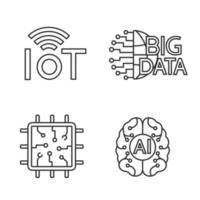 Artificial intelligence linear icons set. Thin line contour symbols. Neural network. Neurotechnology. Internet of things, big data, chip, AI. Isolated vector outline illustrations. Editable stroke