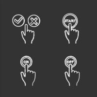 App buttons chalk icons set. Click. Accept and decline, start, turn on and off. Isolated vector chalkboard illustrations