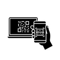 QR code scanning smartphone app glyph icon. Barcode authorization. Mobile phone reading barcode on PC. Code displayed on laptop scanning with smartphone. Negative space. Vector isolated illustration