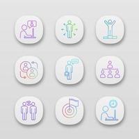 Business management app icons set. UI UX user interface. Chatting, decision, success, partnership, speech, hierarchy, partners, achievement, working hours. Vector isolated illustrations