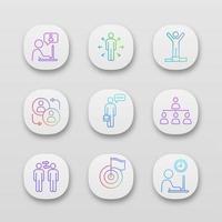 Business management app icons set. UI UX user interface. Chatting, decision, success, partnership, speech, hierarchy, partners, achievement, working hours. Vector isolated illustrations