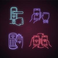 NFC technology neon light icons set. Near field door lock, bracelet, payment terminal, data transfer. Glowing signs. Vector isolated illustrations