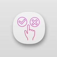 Accept and decline buttons app icons set. UI UX user interface. Yes or no click. Approve and delete. Hand pushing button. Web or mobile applications. Vector isolated illustrations