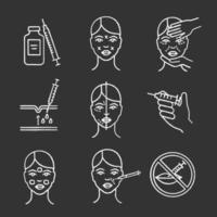 Neurotoxin injection chalk icons set. Vial and syringe, facial markup, cosmetologist exam, nasolabial folds injection, facial rejuvenation, cream, prohibition. Isolated vector chalkboard illustrations