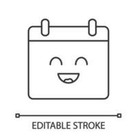 Smiling calendar character linear icon. Happy date. Thin line illustration. Appointment. Reminder, organizer. Contour symbol. Vector isolated outline drawing. Editable stroke