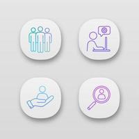 Business management app icons set. Team, technical support, staff searching, HR management. UI UX user interface. Web or mobile applications. Vector isolated illustrations