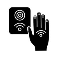 NFC reader glyph icon. RFID access control. Silhouette symbol. NFC button and hand sticker. Near field communication. RFID elevator controller. Negative space. Vector isolated illustration