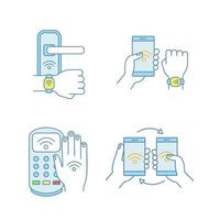 NFC technology color icons set. Near field door lock, bracelet, payment terminal, data transfer. Isolated vector illustrations