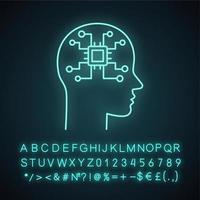 Artificial intelligence neon light icon. Robot. Human head with chip digital network. Robotics. Glowing sign with alphabet, numbers and symbols. Vector isolated illustration