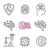 Artificial intelligence linear icons set. Neurotechnology. Cybersecurity, ai, big data, iot, internet of things, chip. Thin line contour symbols. Isolated vector outline illustrations. Editable stroke