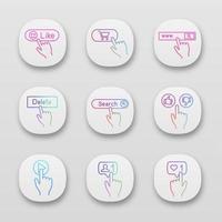Click app icons set. Like, buy, search bar, delete, thumbs up and down, play, new follower, likes counter. UI UX user interface. Web or mobile applications. Vector isolated illustrations