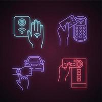 NFC technology neon light icons set. Near field reader, payment terminal, car and bracelet, access control. Glowing signs. Vector isolated illustrations