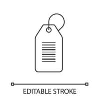 Barcode label linear icon. Thin line illustration. Linear bar code tag. Serial number. Store label with one dimensional barcode. Contour symbol. Vector isolated outline drawing. Editable stroke