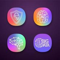 Artificial intelligence app icons set. UI UX user interface. AI, neural network, cybersecurity, big data. Web or mobile applications. Vector isolated illustrations