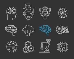 Artificial intelligence chalk icon set. AI. Internet of things. Digital network. Neurotechnology. Isolated vector chalkboard illustrations