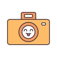 Smiling photo camera color icon. Easy photographing. Happy photo camera. Emoji, emoticon. Isolated vector illustration