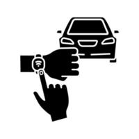 icono de glifo de coche nfc. Pulsera nfc con llave automática. símbolo de la silueta. automóvil inteligente. control automático de comunicación de campo cercano. espacio negativo. ilustración vectorial aislada vector