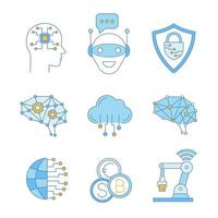 Artificial intelligence color icons set. AI. Chat bot, cybersecurity, neurotechnology, cloud computing, big data, internet of things, digital brain, currency exchange. Isolated vector illustrations