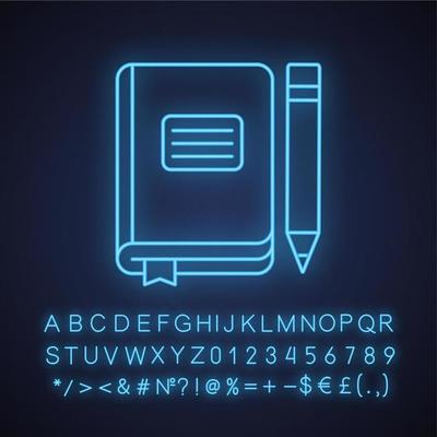 Diary notebook neon light icon. School journal with bookmark and pencil. Glowing sign with alphabet, numbers and symbols. Vector isolated illustration