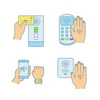 NFC technology color icons set. Near field credit card reader, payment terminal, bracelet, access control, hand sticker. Isolated vector illustrations