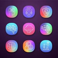 Artificial intelligence app icons set. UI UX user interface. AI. Chat bot, neurotechnology, big data, internet of things, digital brain. Web or mobile applications. Vector isolated illustrations