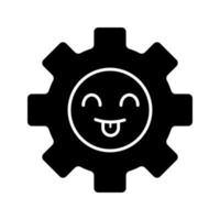 Smiling cogwheel glyph icon. Happy gear. Progress process. Happy innovation. Emoji, emoticon. Silhouette symbol. Negative space. Vector isolated illustration