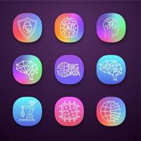 Artificial intelligence app icons set. UI UX user interface. Neurotechnology. AI, digital brain, neural network, big data, iot robot, chip. Web or mobile applications. Vector isolated illustrations