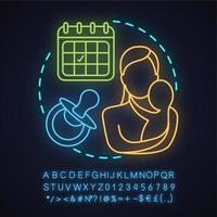 Perinatal center neon light concept icon. Motherhood and childcare idea. Child birth. Mother with newborn baby. Glowing sign with alphabet, numbers and symbols. Vector isolated illustration