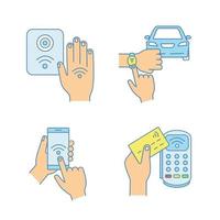 NFC technology color icons set. Near field smartphone, car and bracelet, payment terminal, reader. Isolated vector illustrations