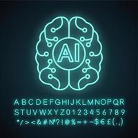 Artificial intelligence neon light icon. Digital brain. Neurotechnology. AI. Glowing sign with alphabet, numbers and symbols. Vector isolated illustration