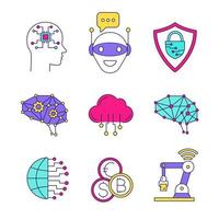 Artificial intelligence color icons set. AI. Chat bot, cybersecurity, neurotechnology, cloud computing, big data, internet of things, digital brain, currency exchange. Isolated vector illustrations