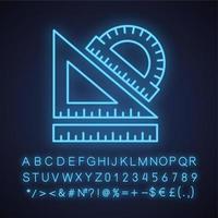 School rulers neon light icon. Protractor, ruler and transparent. Glowing sign with alphabet, numbers and symbols. Vector isolated illustration