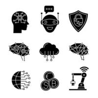 Artificial intelligence glyph icons set. Silhouette symbols. AI. Chat bot, cybersecurity, cloud computing, big data, internet of things, digital brain, currency exchange. Vector isolated illustration