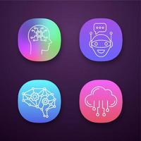 Artificial intelligence app icons set. UI UX user interface. Neural network. Neurotechnology. Chat bot, AI, digital brain, cloud computing. Web or mobile applications. Vector isolated illustrations