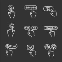 App buttons chalk icons set. Click. Play, subscribe, buy, power, yes or no, search bar, play, message, dislike or like. Isolated vector chalkboard illustrations