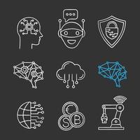 Artificial intelligence chalk icons set. AI. Chat bot, cybersecurity, cloud computing, big data, internet of things, digital brain, currency exchange. Isolated vector chalkboard illustrations