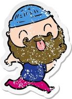 distressed sticker of a running man with beard sticking out tongue vector