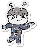 distressed sticker of a friendly cartoon spaceman pointing vector