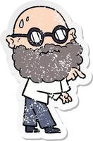 distressed sticker of a cartoon worried man with beard and spectacles pointing finger vector