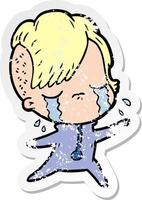 distressed sticker of a cartoon crying girl wearing space clothes vector