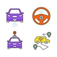 conjunto de iconos de colores de coches inteligentes. autos nfc vehículos inteligentes. automóviles autónomos. coches autónomos. vehículos sin conductor. ilustraciones de vectores aislados
