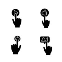 App buttons glyph icons set. Click. Play, like, power, new follower notification. Silhouette symbols. Vector isolated illustration