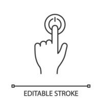 Power button click linear icon. Start. Thin line illustration. Turn on. Hand pressing button. Contour symbol. Vector isolated outline drawing. Editable stroke