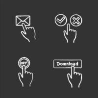 App buttons chalk icons set. Click. Message, accept and decline, turn off, download. Isolated vector chalkboard illustrations